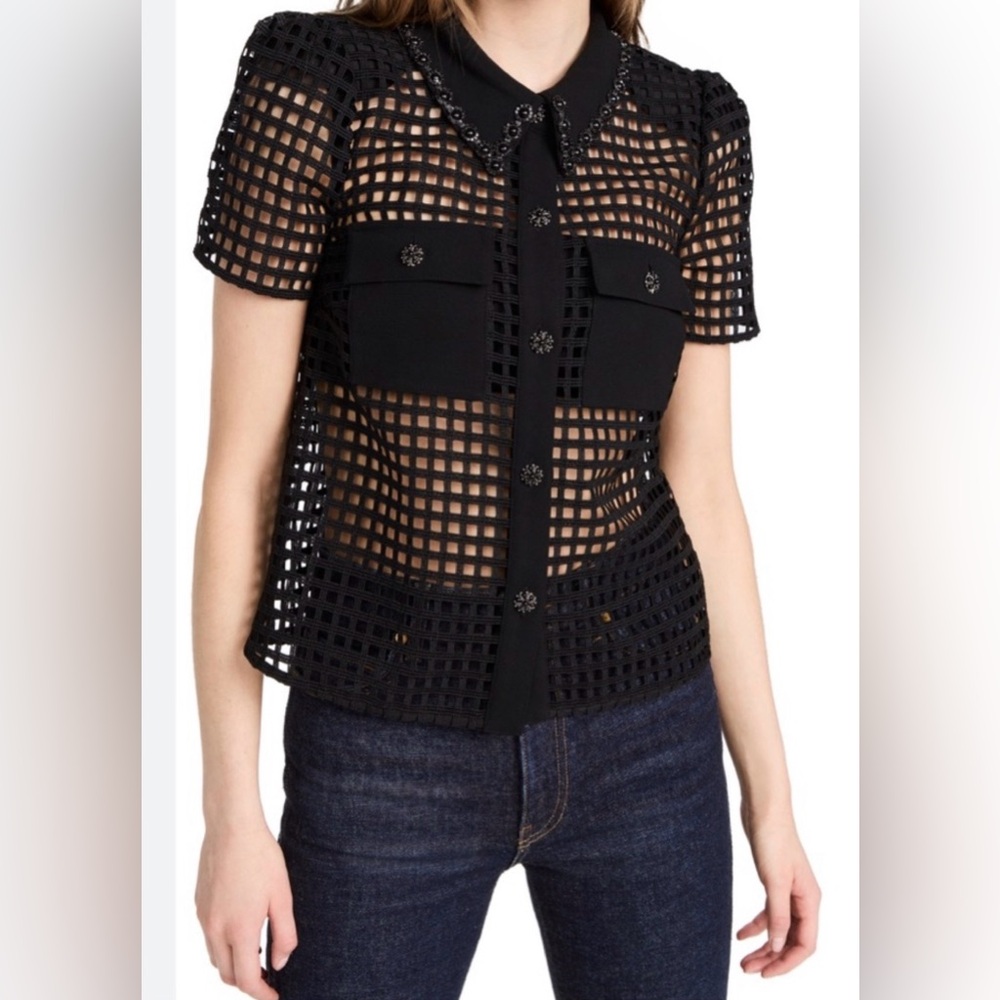 Self-Portrait Embellished Grid-Lace Shirt Sz 8